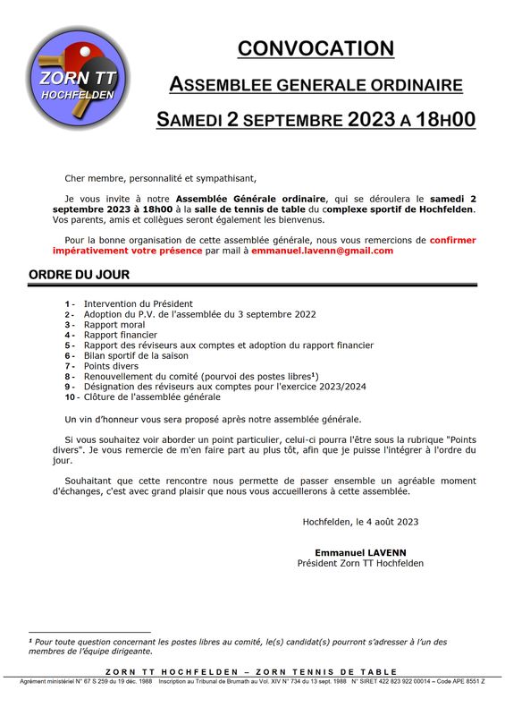 Zorn TT Hochfelden Convocation Assemblée Générale Ordinaire 2023